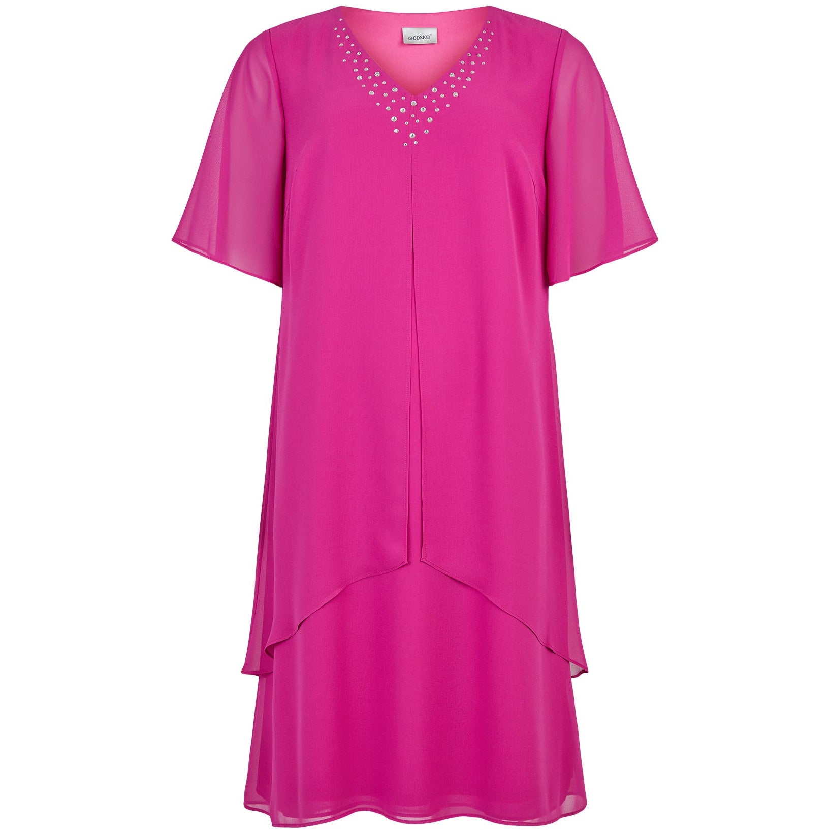 Godske Fuschia Chiffon Dress with Diamonte Neckline - Wardrobe Plus