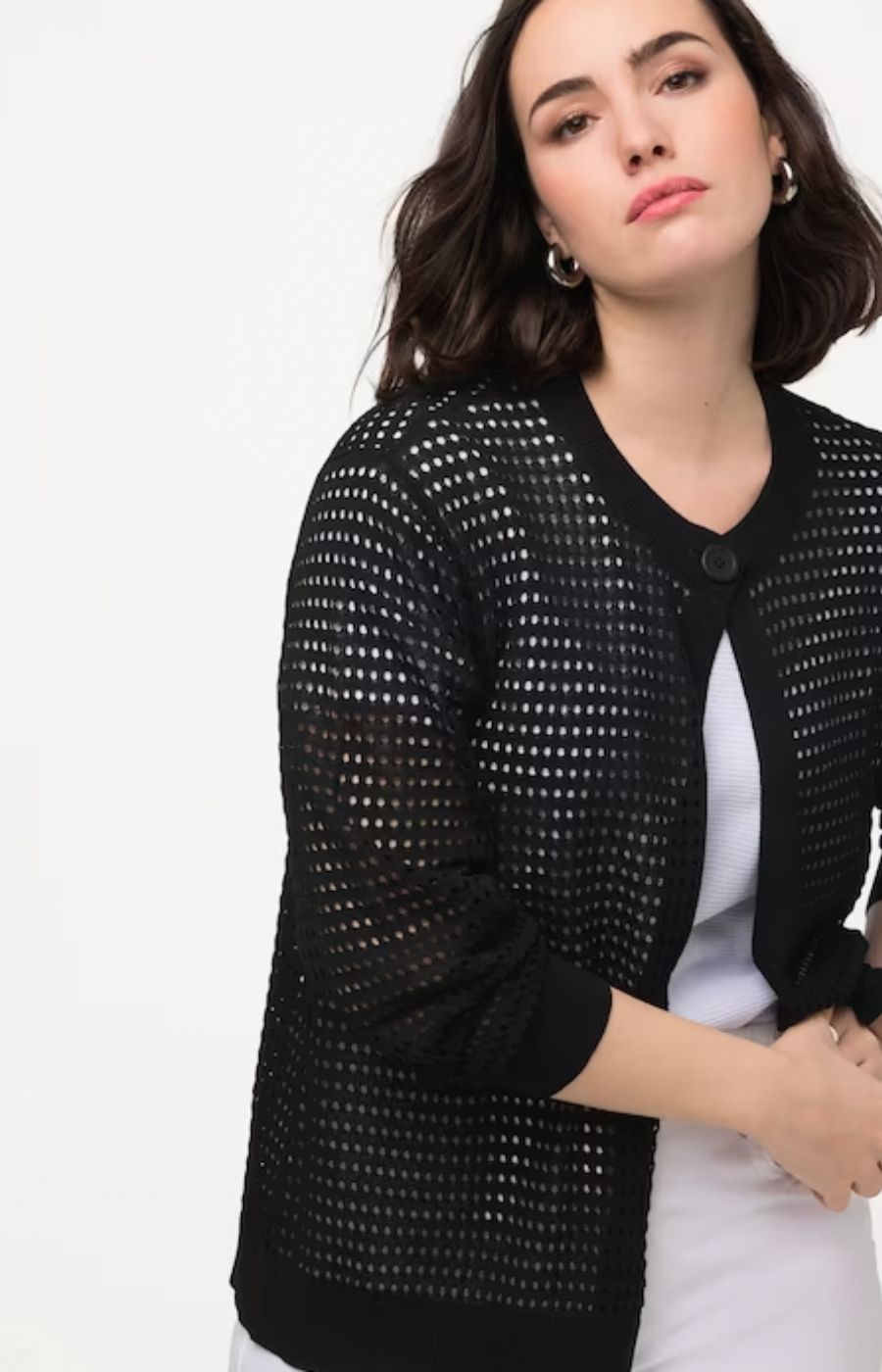 Ulla Popken Open Knit Cardigan in Black