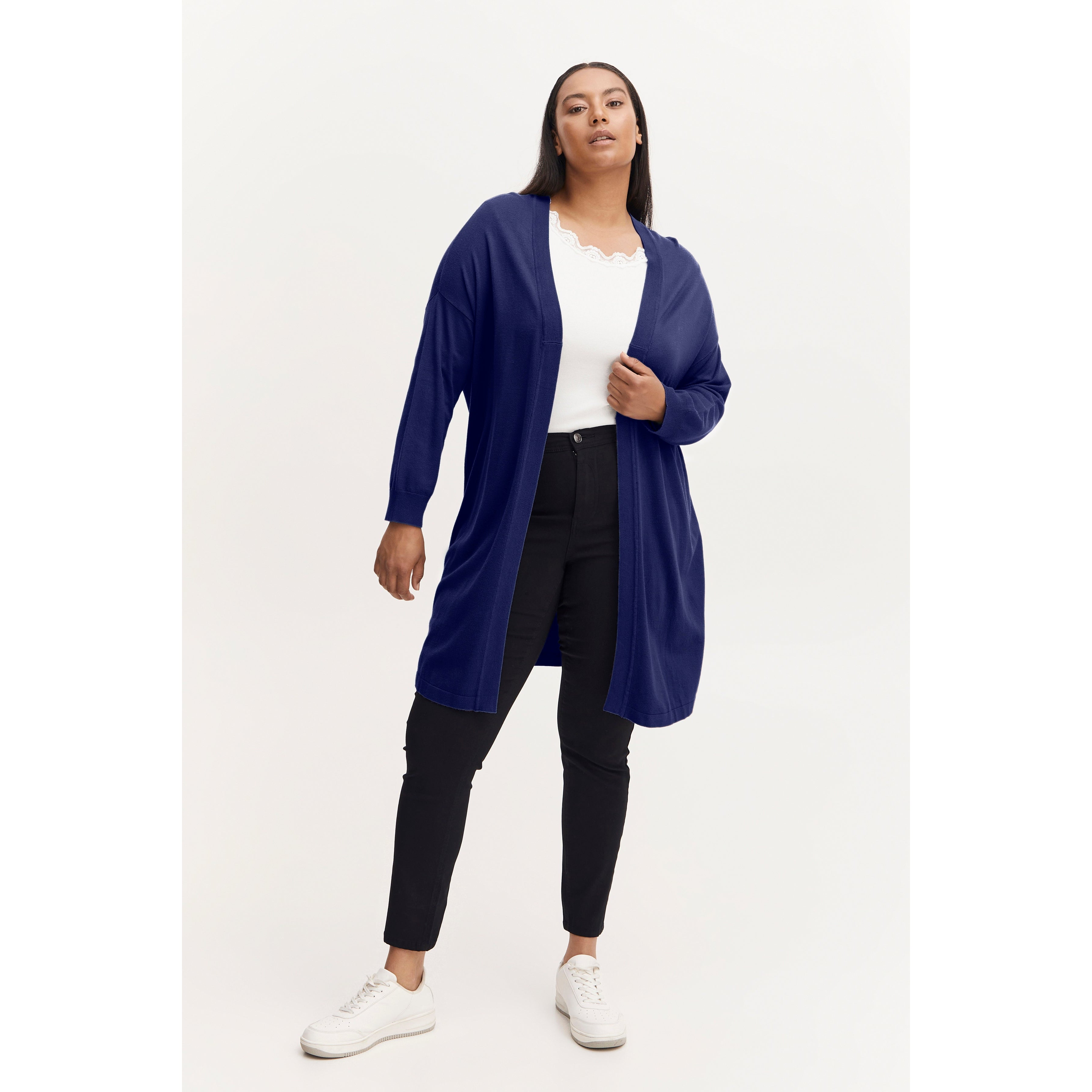 Fransa Plus Plume Cardigan in Blue - Wardrobe Plus