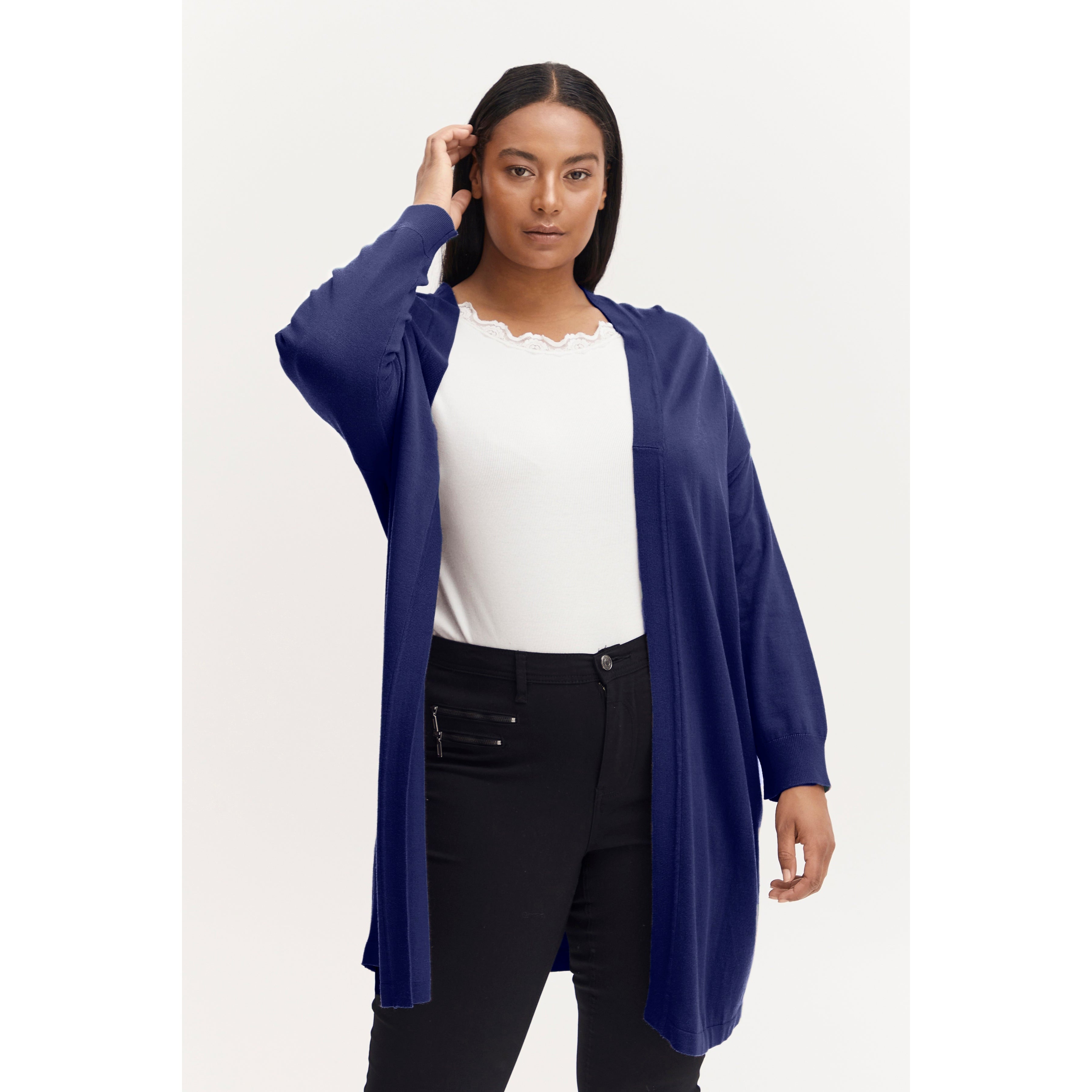 Fransa Plus Plume Cardigan in Blue - Wardrobe Plus