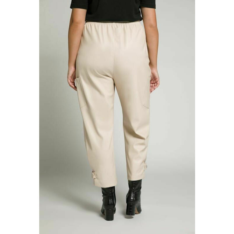 Ulla Popken Leather Look Cargo Pants In Beige Bottoms