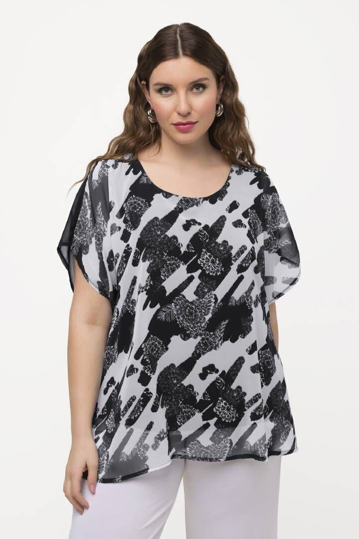 Ulla Popken Chiffon Blouse in Black Floral