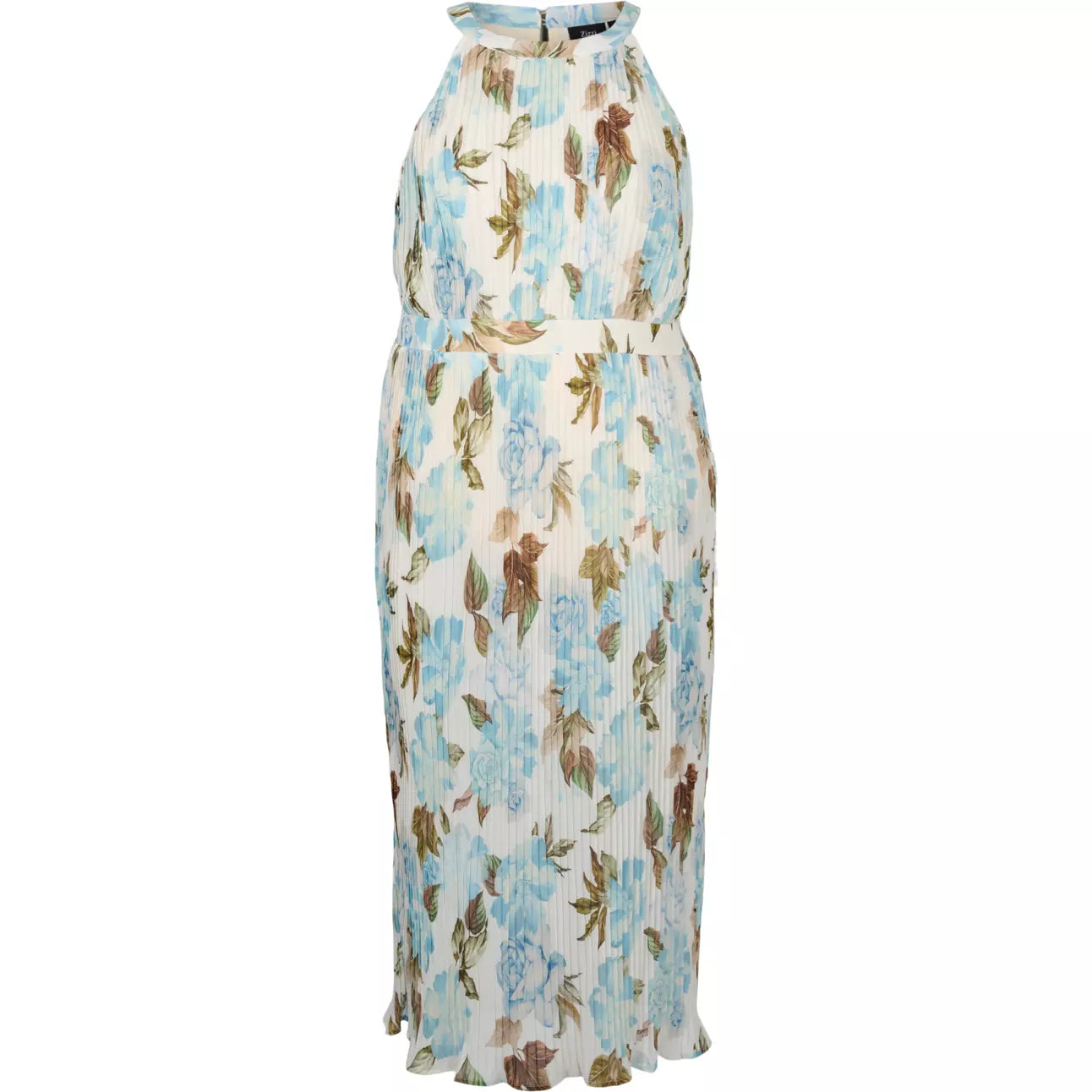 Zizzi Cream and Blue Floral Print Maxi Dress - Wardrobe Plus