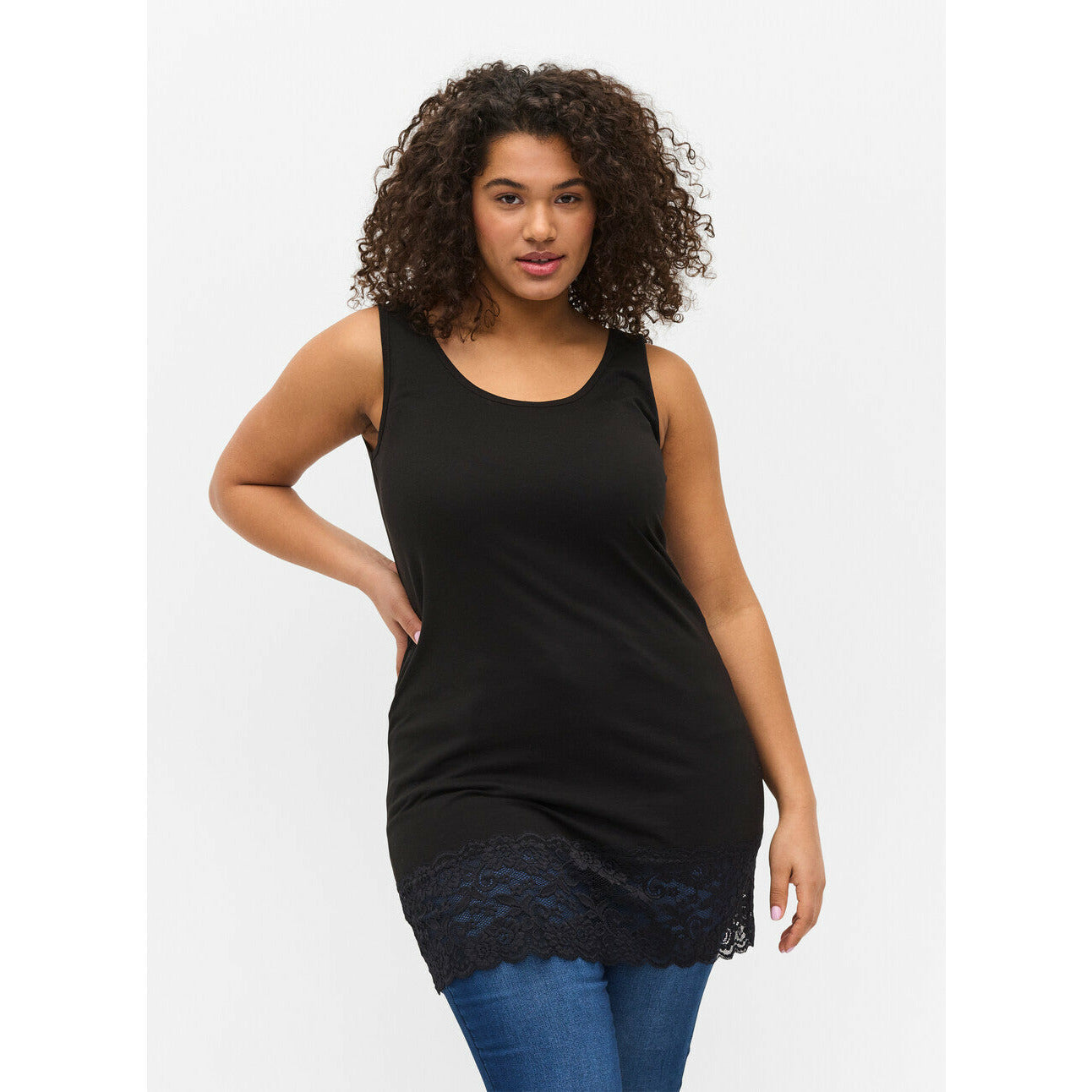 Zizzi Long Lace Trim Vest in Black - Wardrobe Plus