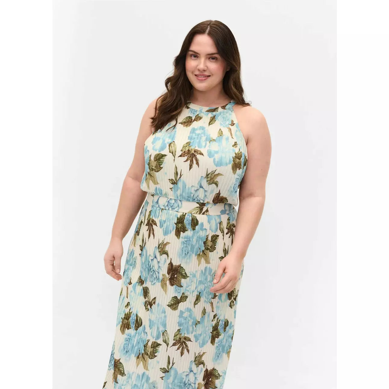Zizzi Cream and Blue Floral Print Maxi Dress - Wardrobe Plus
