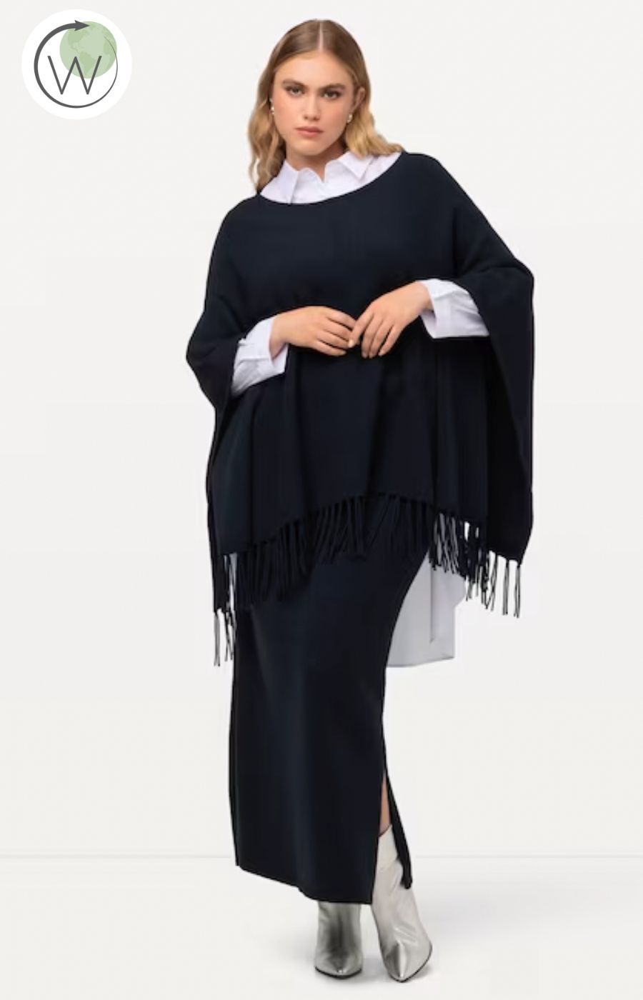 Ulla Popken Fringed Hem Poncho in Navy