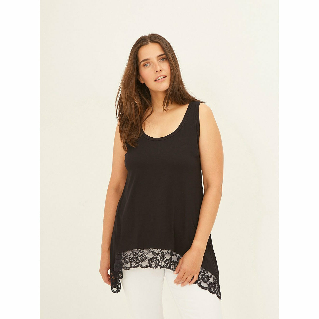 Mat Basic Longline Lace Trim Vest in Black - Wardrobe Plus