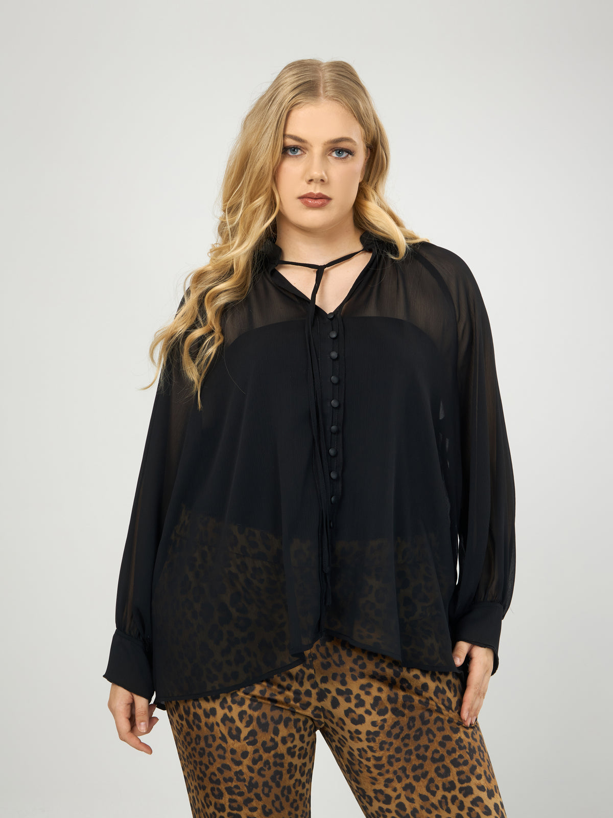 Mat Sheer Neck Tie Blouse in Black