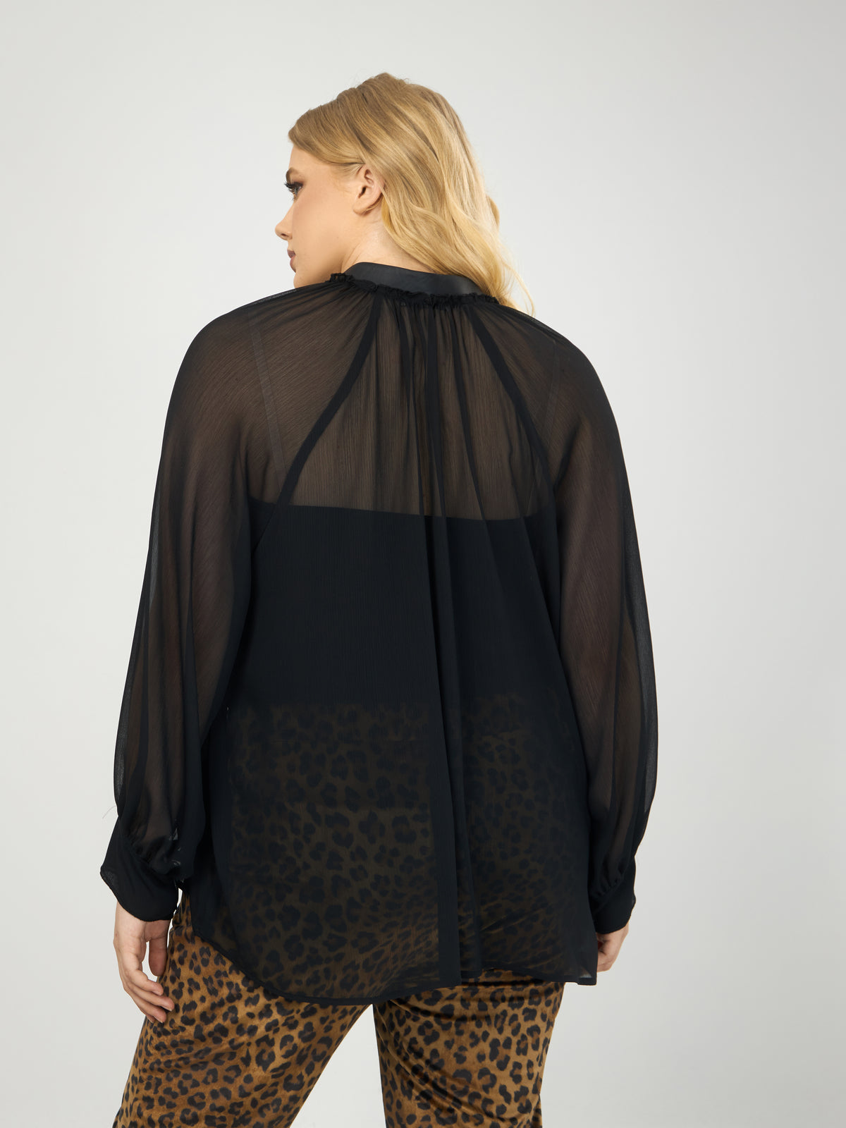 Mat Sheer Neck Tie Blouse in Black
