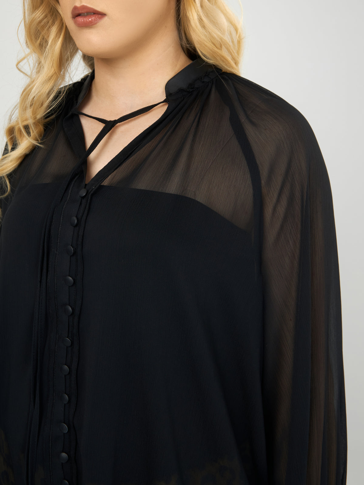 Mat Sheer Neck Tie Blouse in Black