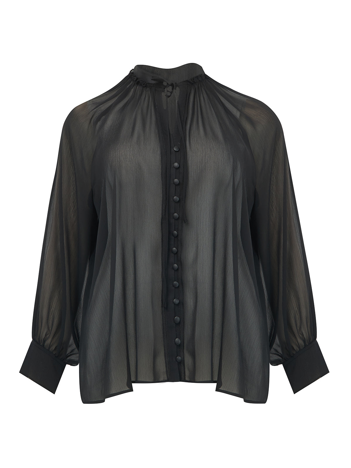 Mat Sheer Neck Tie Blouse in Black