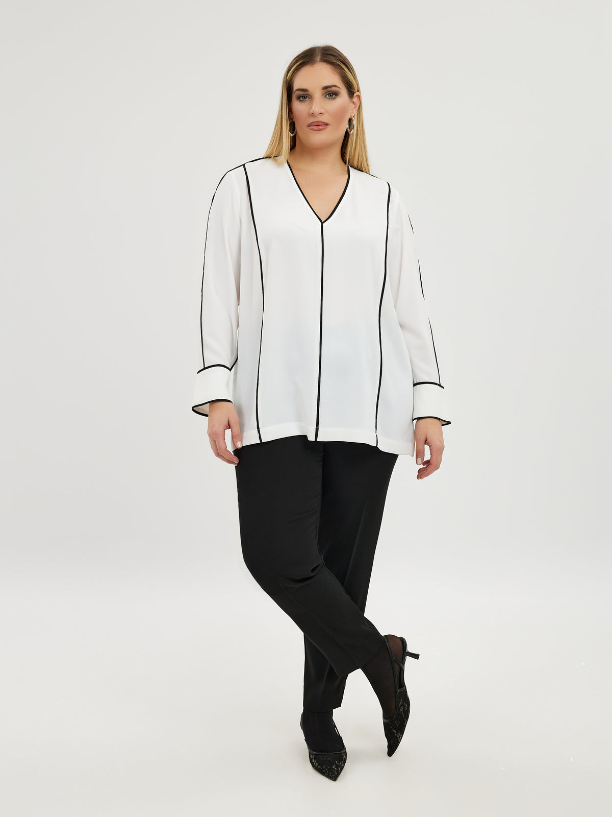 Mat White Blouse with Black Piping