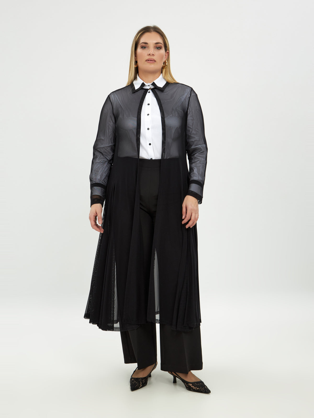 Mat Mesh Long Line Cardigan in Black