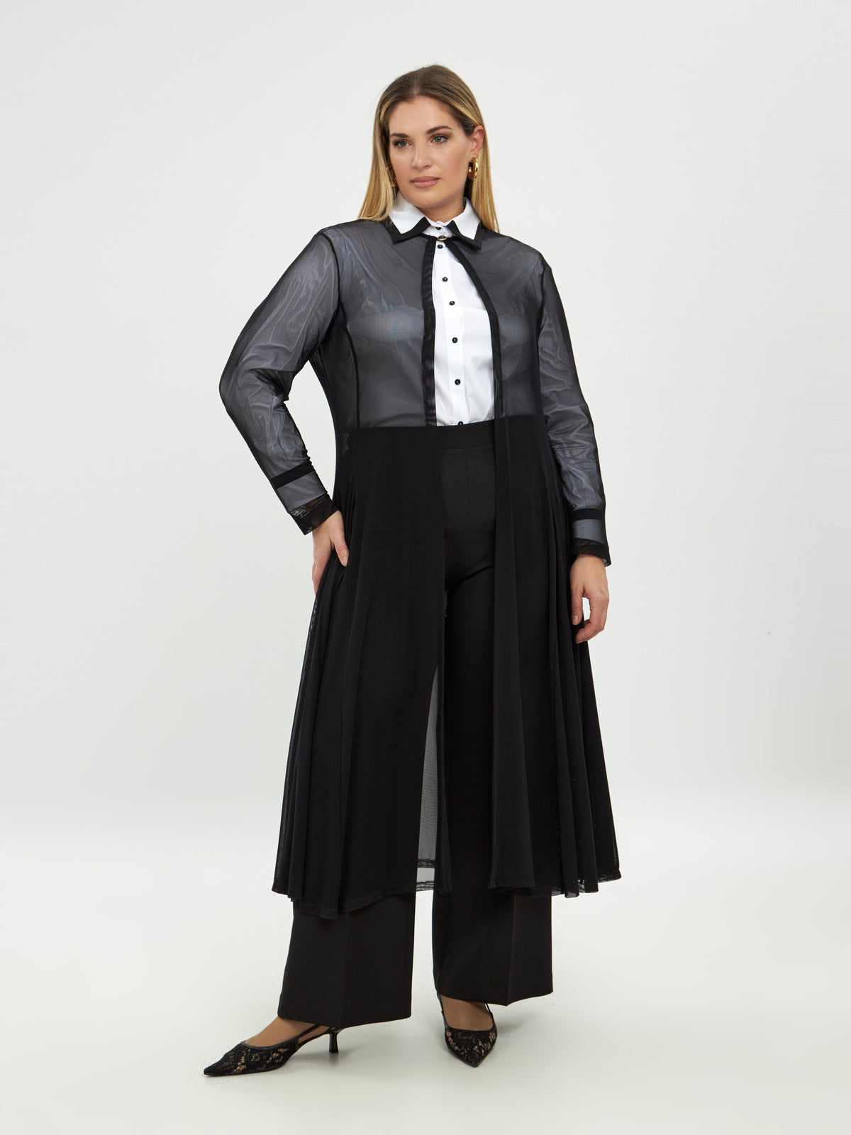 Mat Mesh Long Line Cardigan in Black