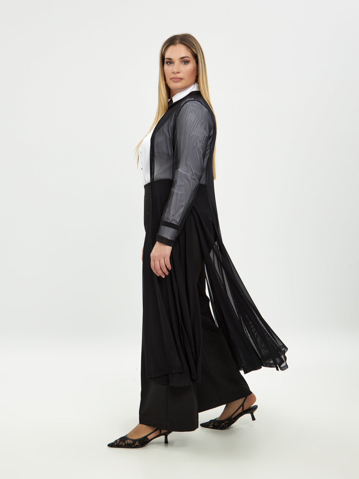 Mat Mesh Long Line Cardigan in Black