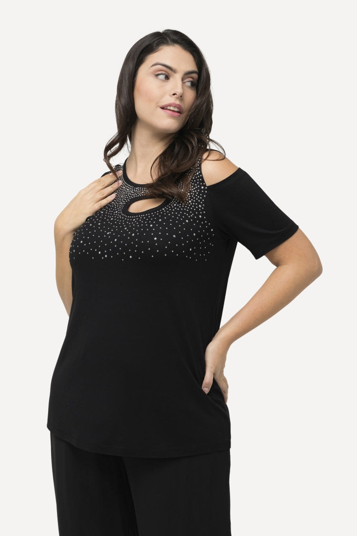 Ulla Popken Sparkle Cut Out Top in Black
