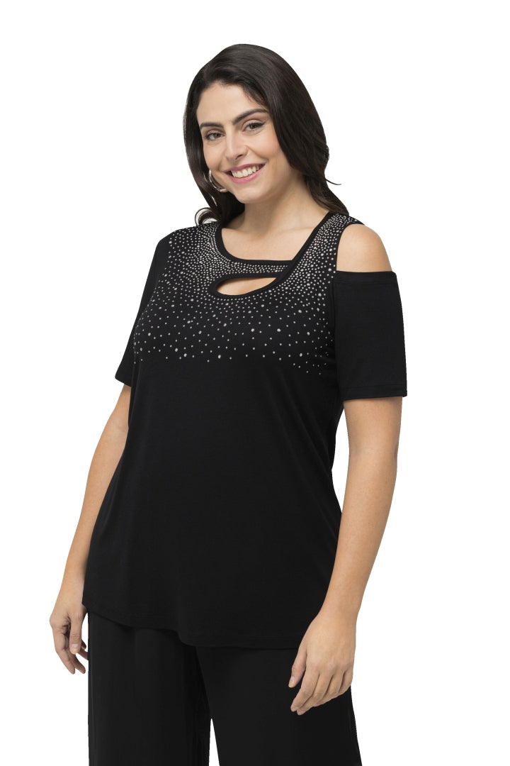 Ulla Popken Sparkle Cut Out Top in Black