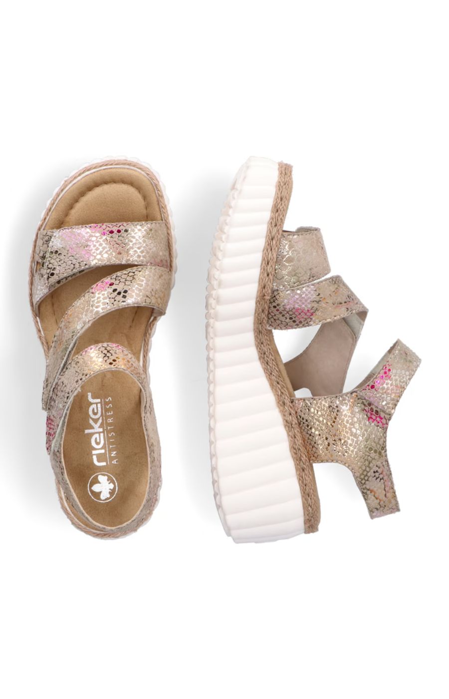 Rieker Wedge Sandals in Beige with Multicoloured
