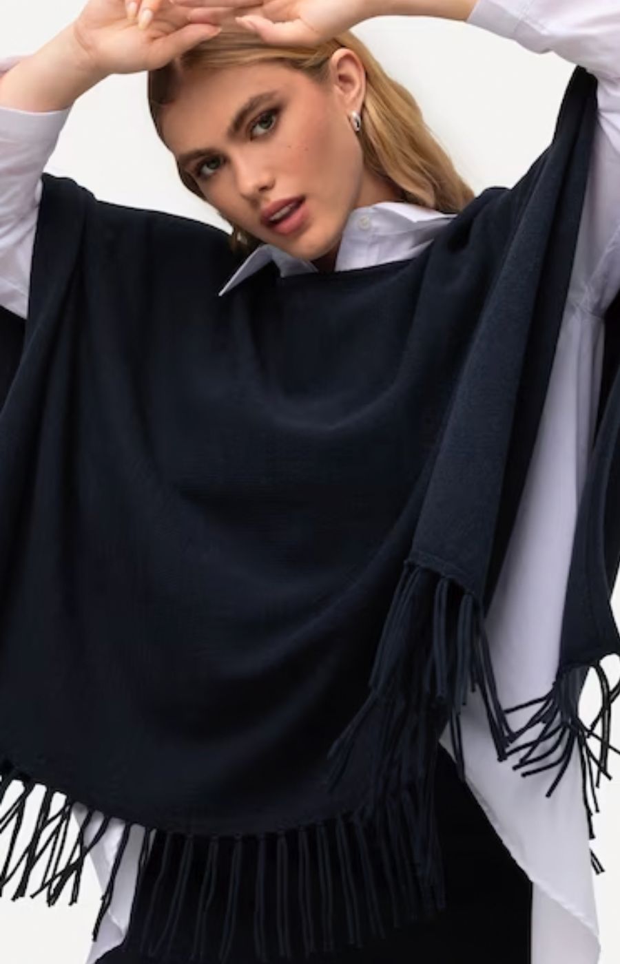 Ulla Popken Fringed Hem Poncho in Navy