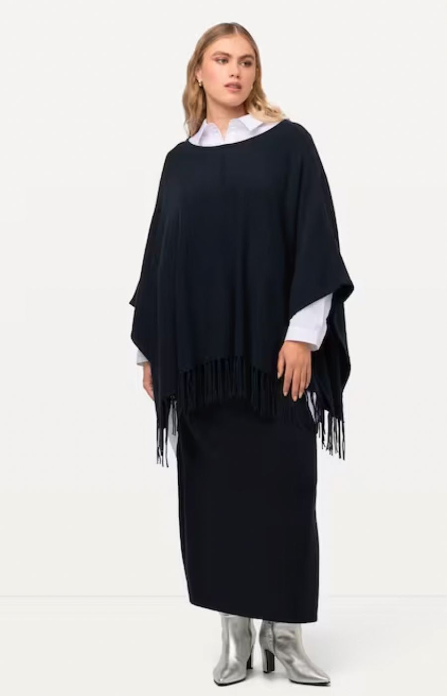 Ulla Popken Fringed Hem Poncho in Navy