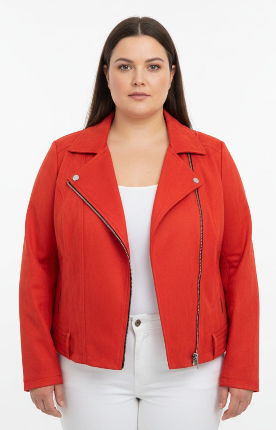 Woman wearing a red jacket on a white background