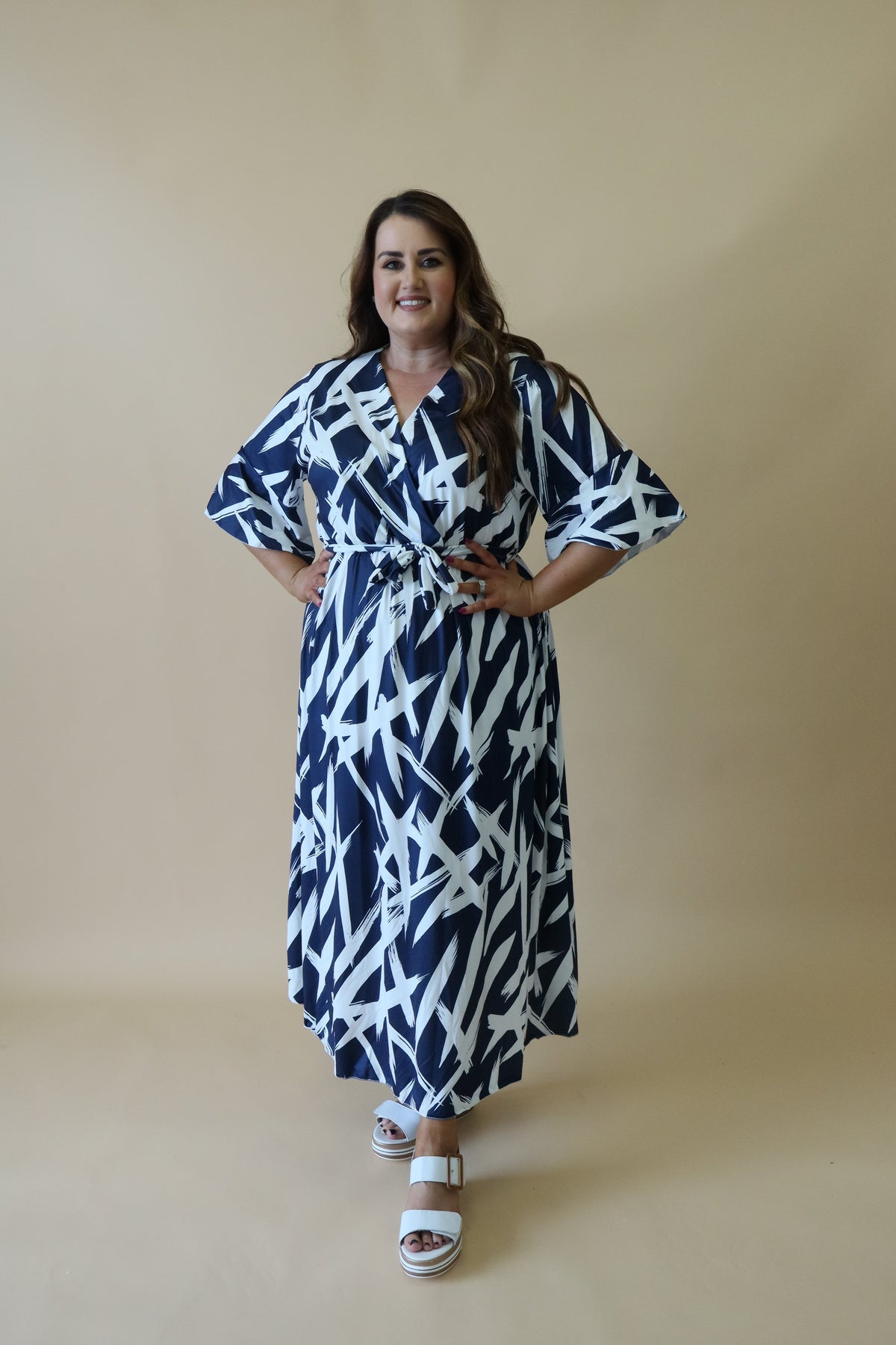 Mali Faux Wrap Dress in Navy Print
