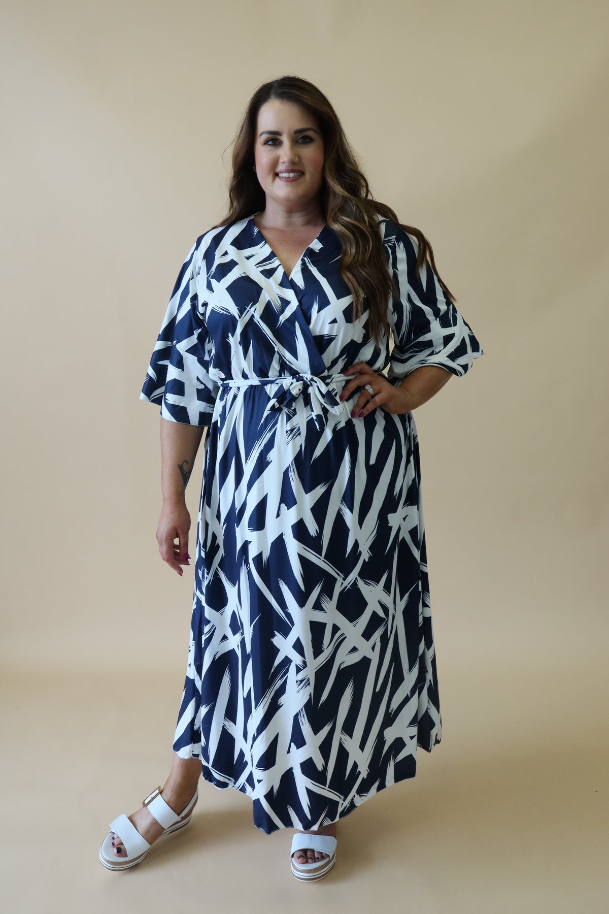 Mali Faux Wrap Dress in Navy Print