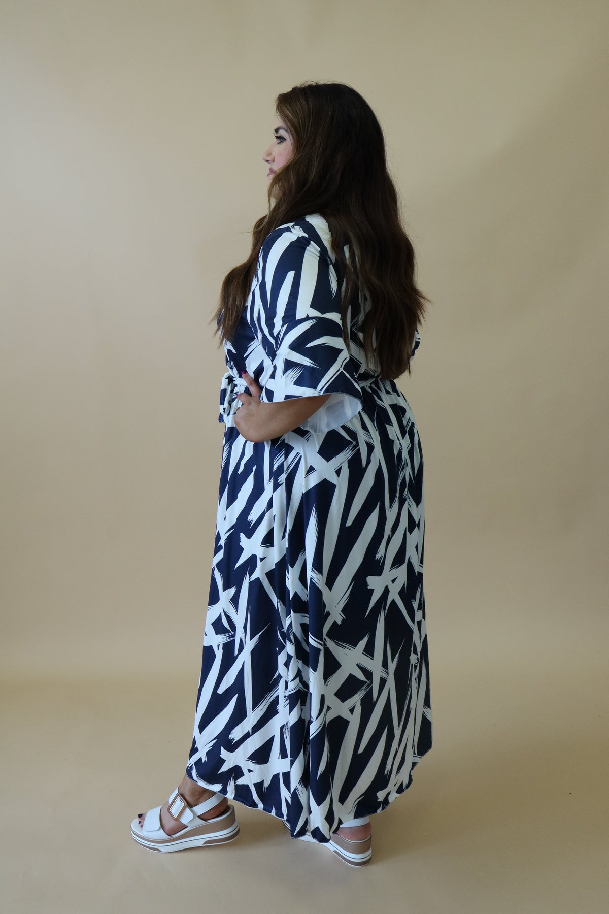 Mali Faux Wrap Dress in Navy Print