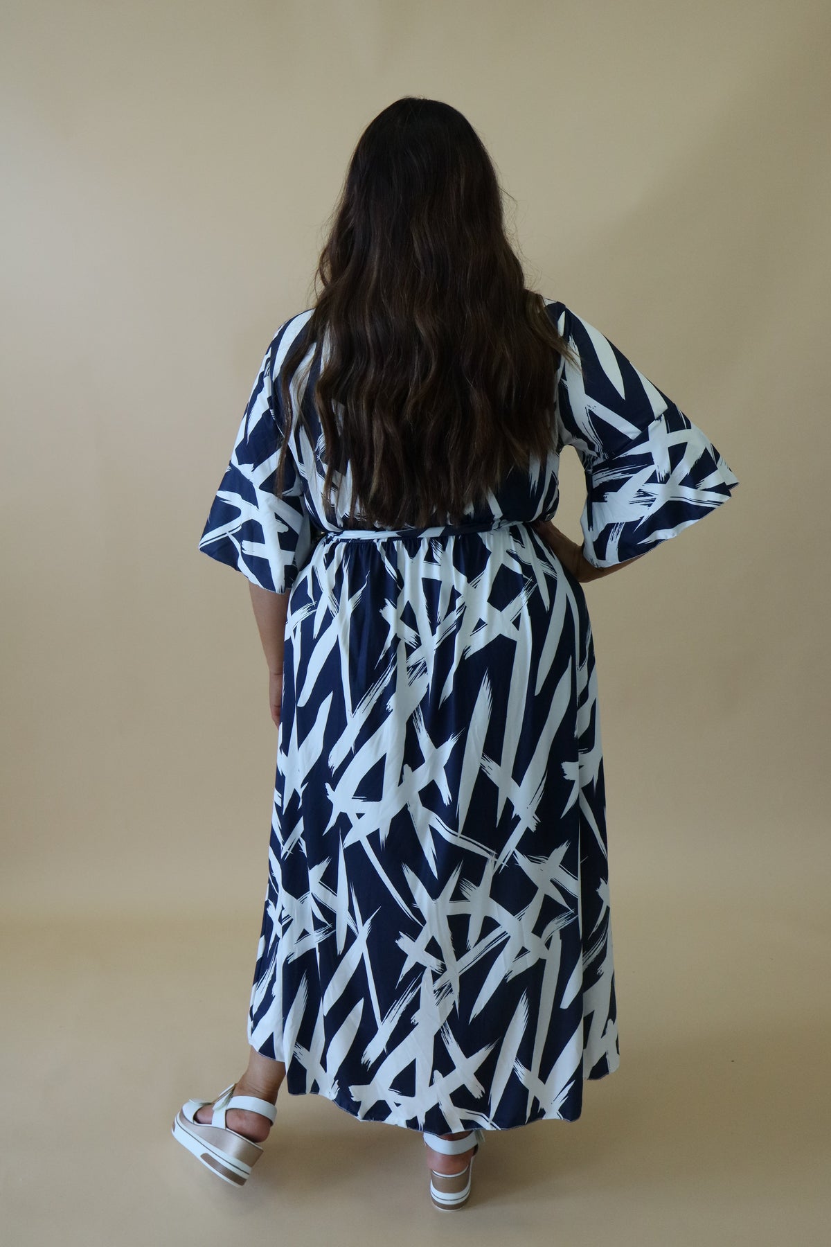 Mali Faux Wrap Dress in Navy Print