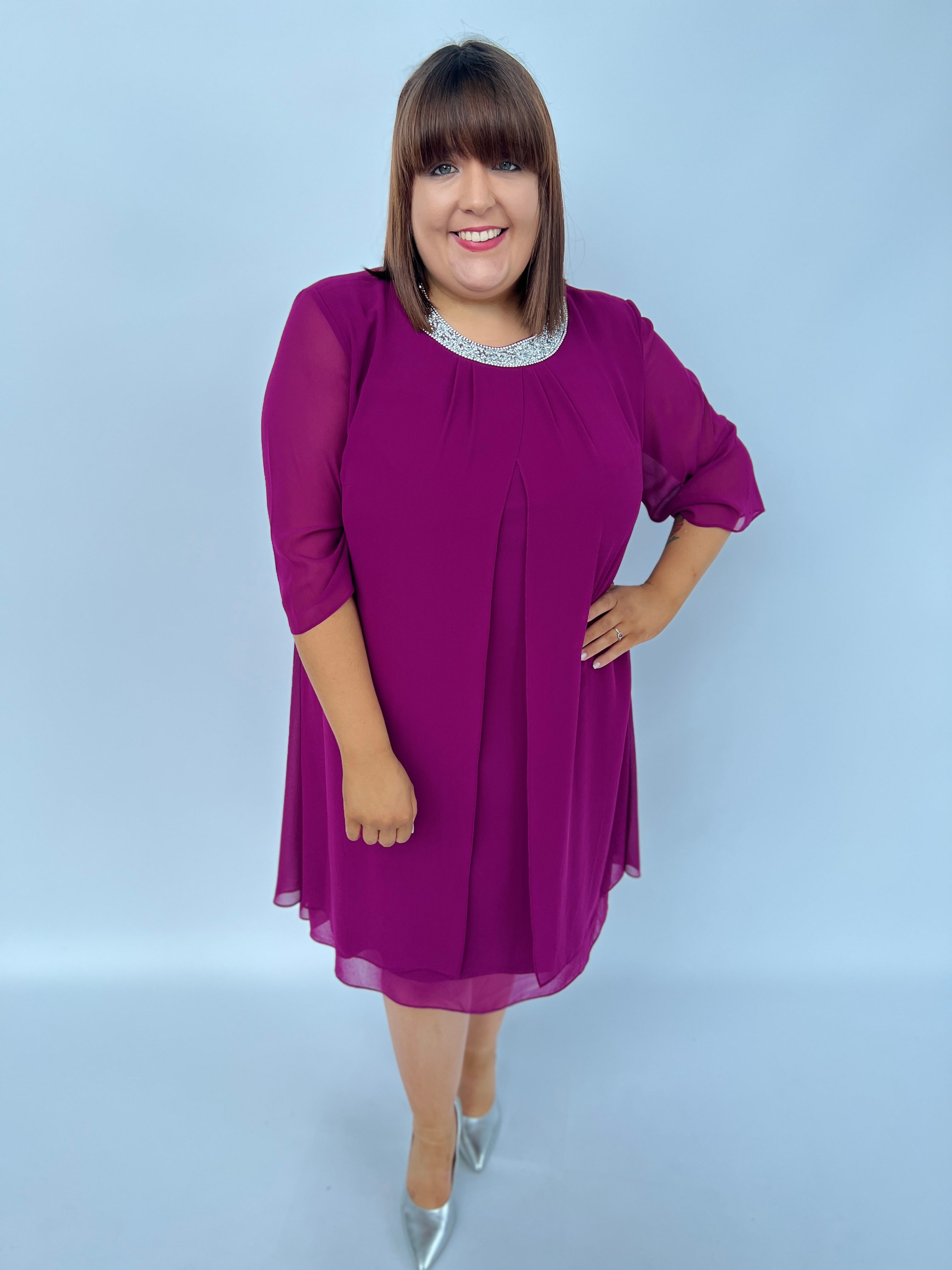 Godske Dress with Diamante Collar in Magenta