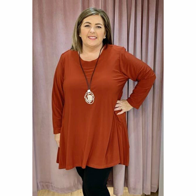 Magna Long Sleeve Pocket Tunic in Rust - Wardrobe Plus