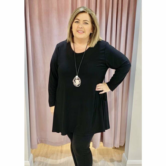 Magna Long Sleeve Pocket Tunic in Black - Wardrobe Plus
