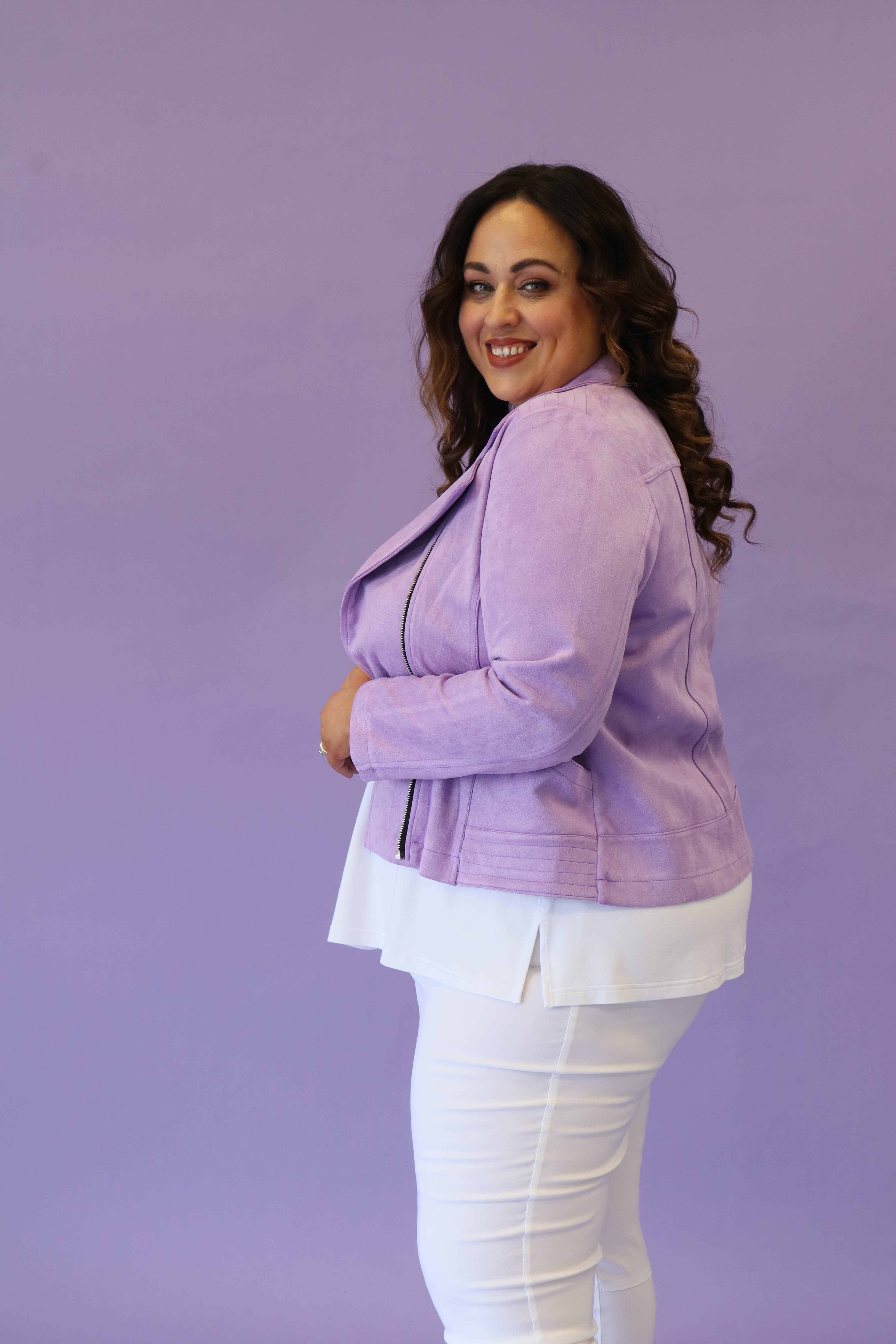 Amber Suede Biker Jacket in Purple