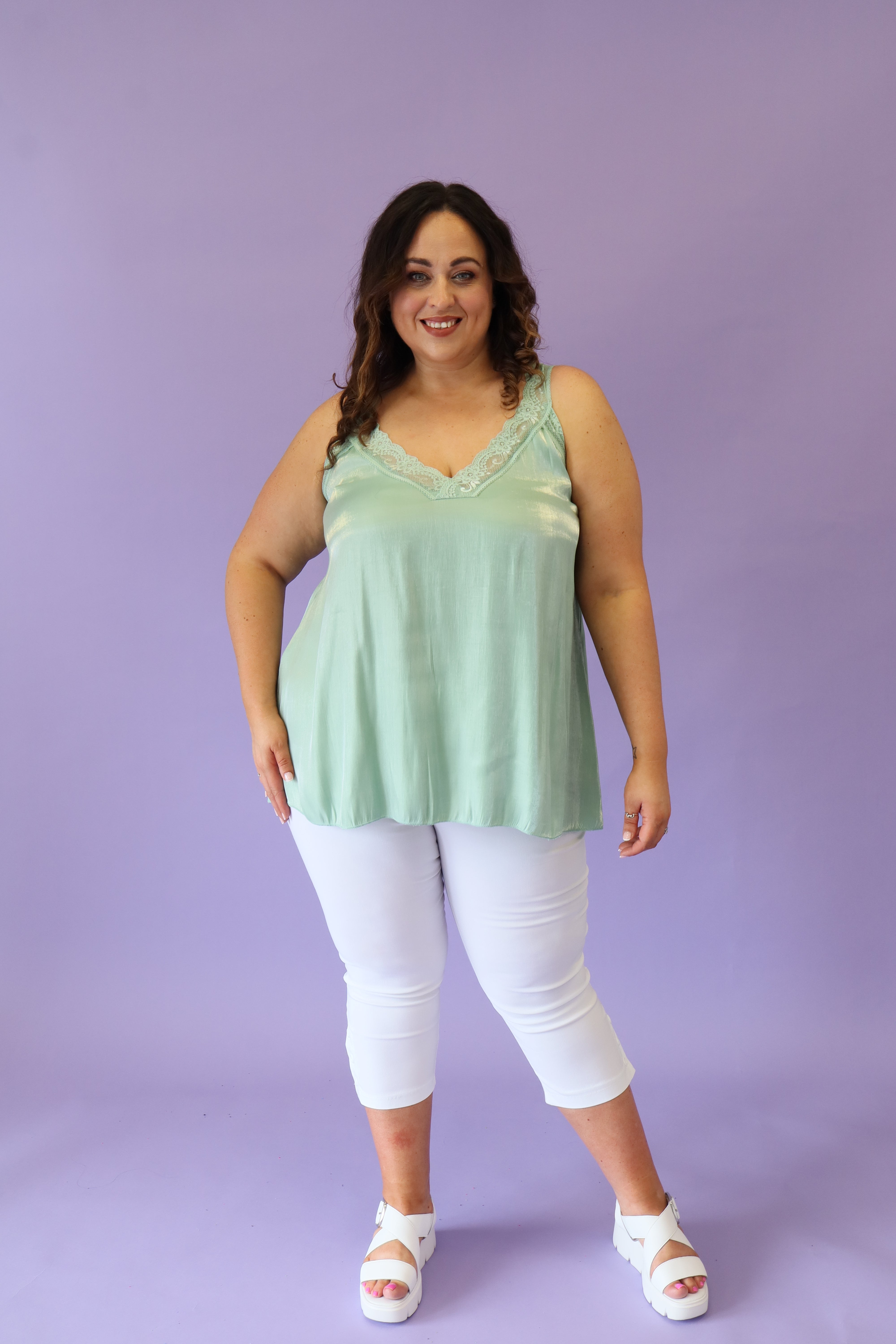 Lola Lace Trim Shimmer Vest in Green