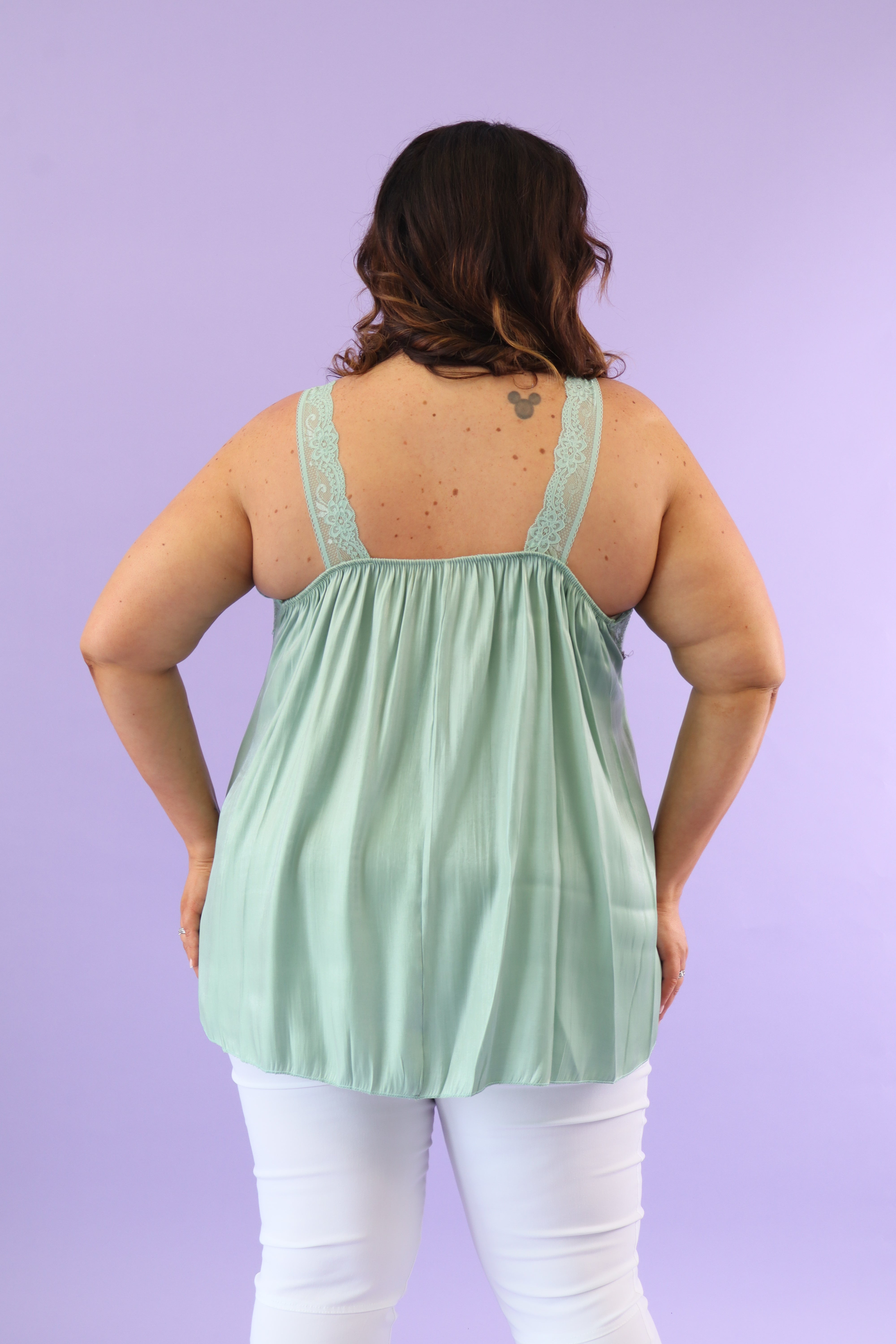 Lola Lace Trim Shimmer Vest in Green