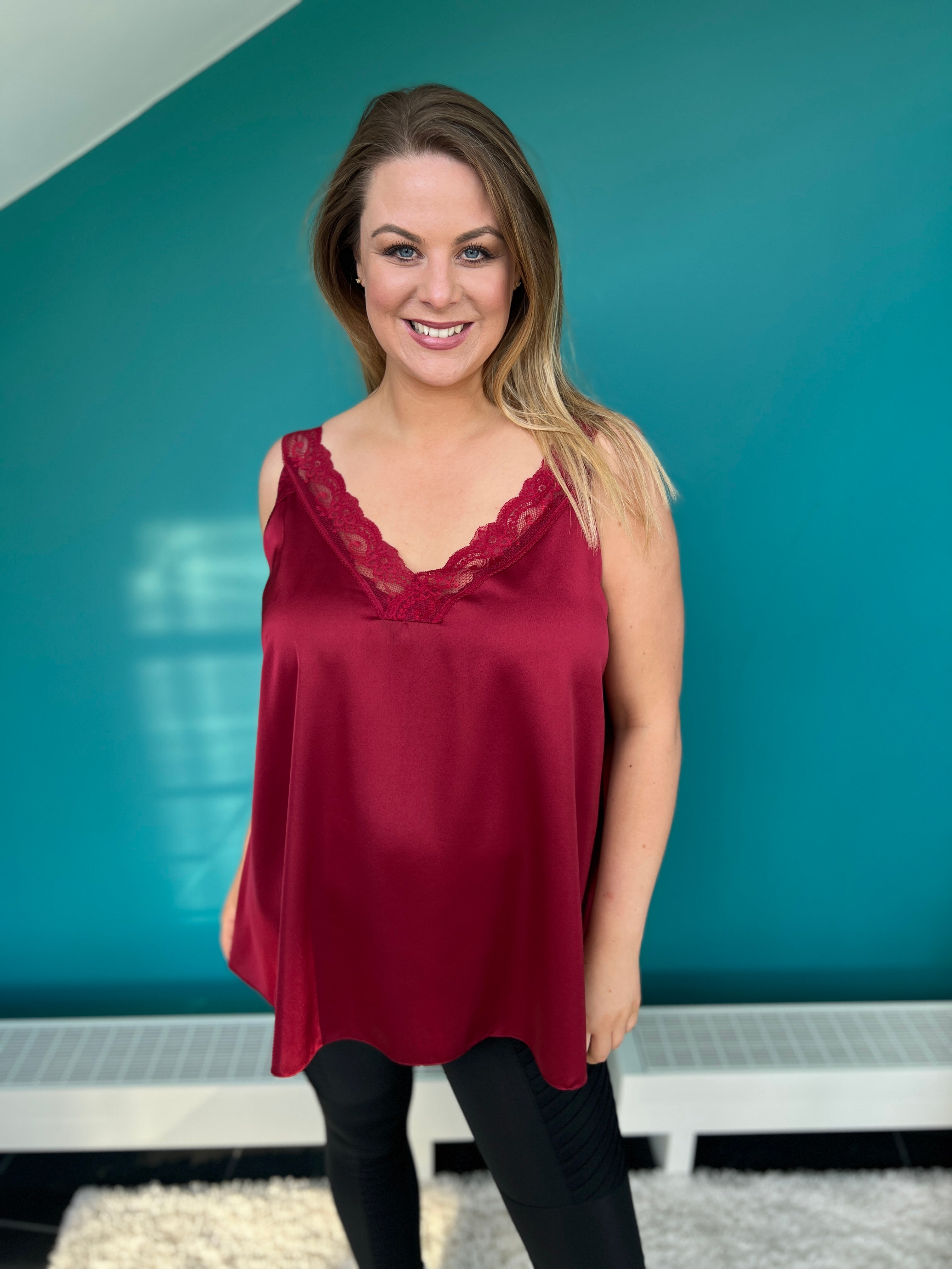 Jade Lace Trim Satin Vest in Wine