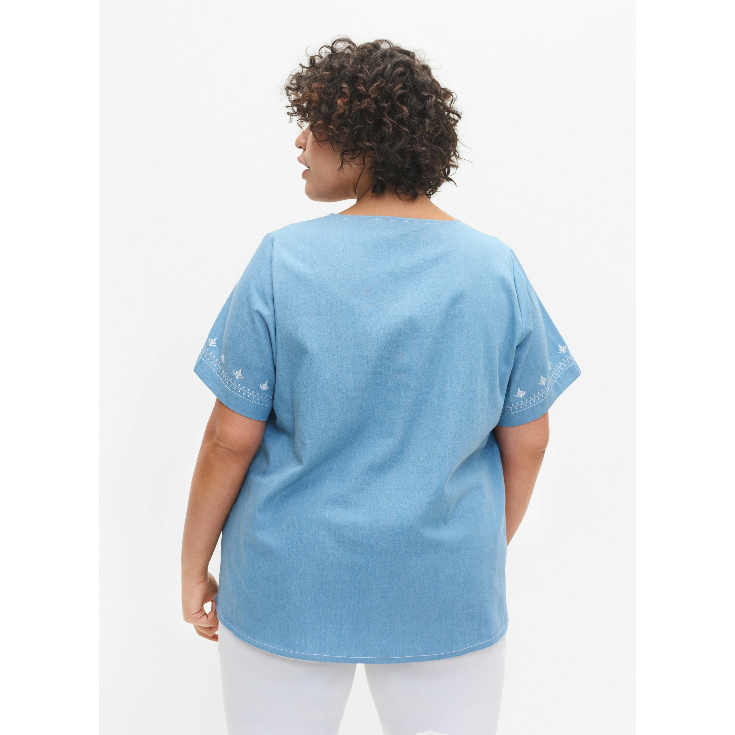 Zizzi Aisha Blouse in Light Blue Denim - Wardrobe Plus