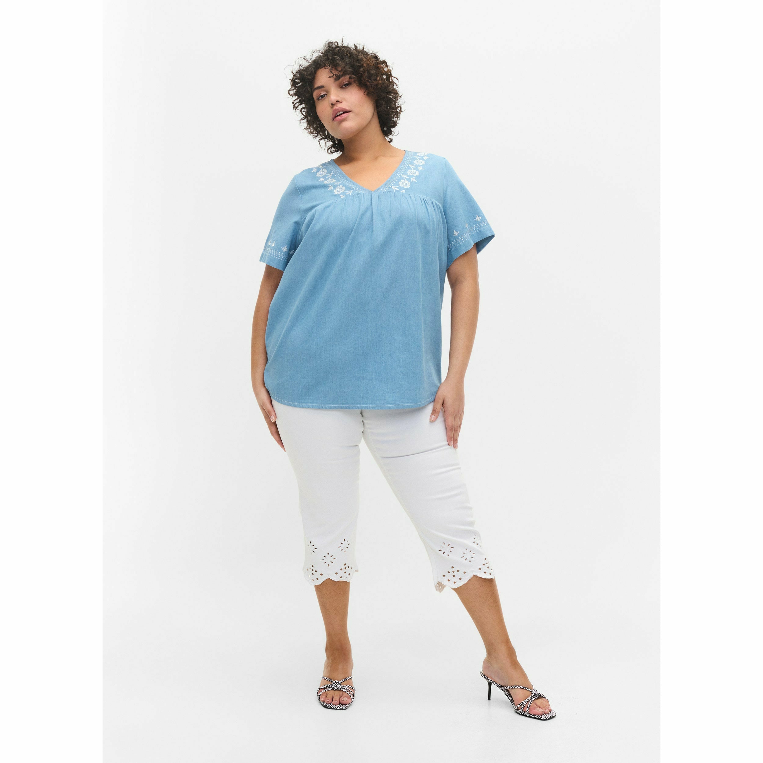 Zizzi Aisha Blouse in Light Blue Denim - Wardrobe Plus