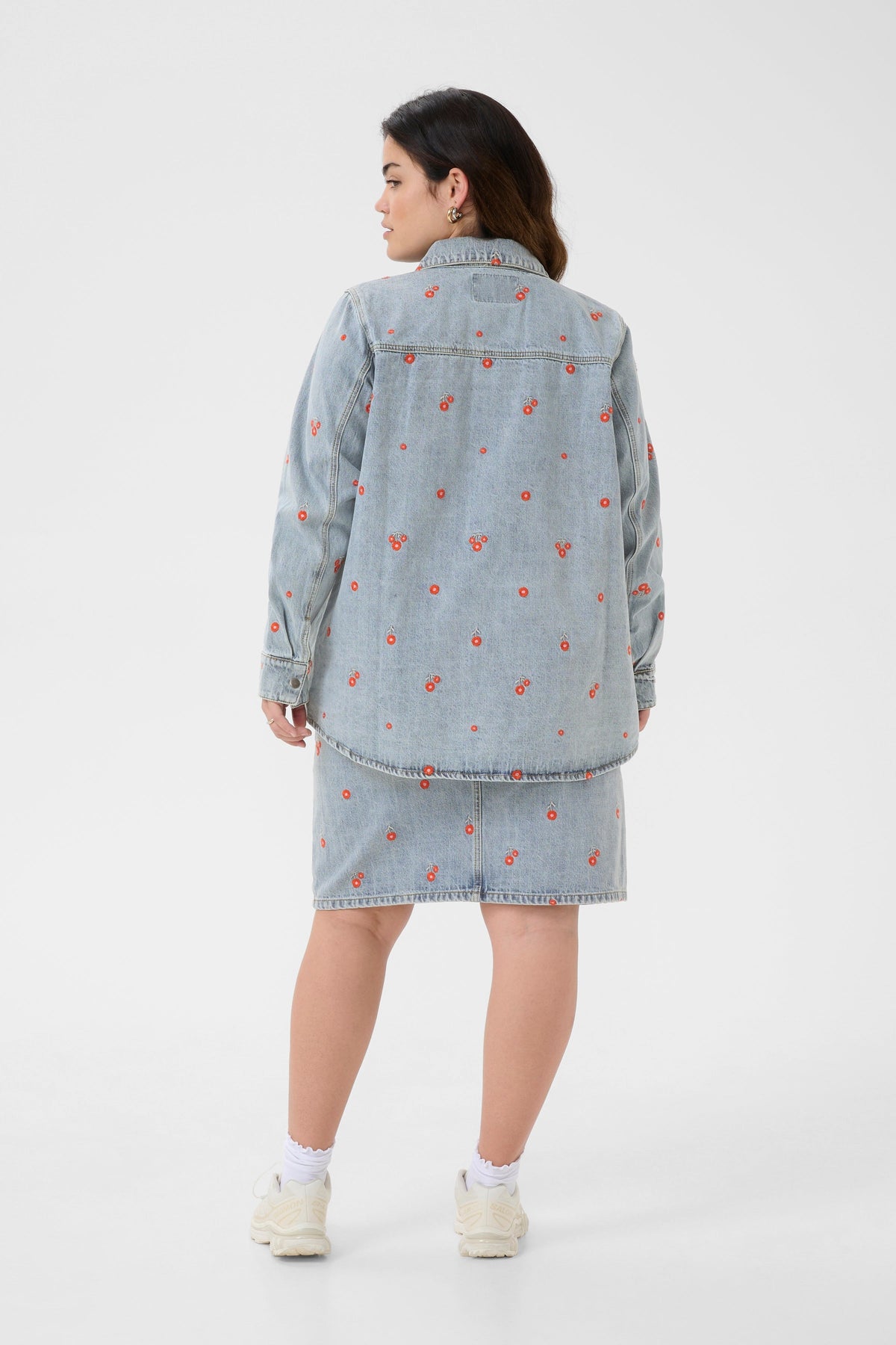 Kaffe Curve Betty Denim Jacket with Red Flowers