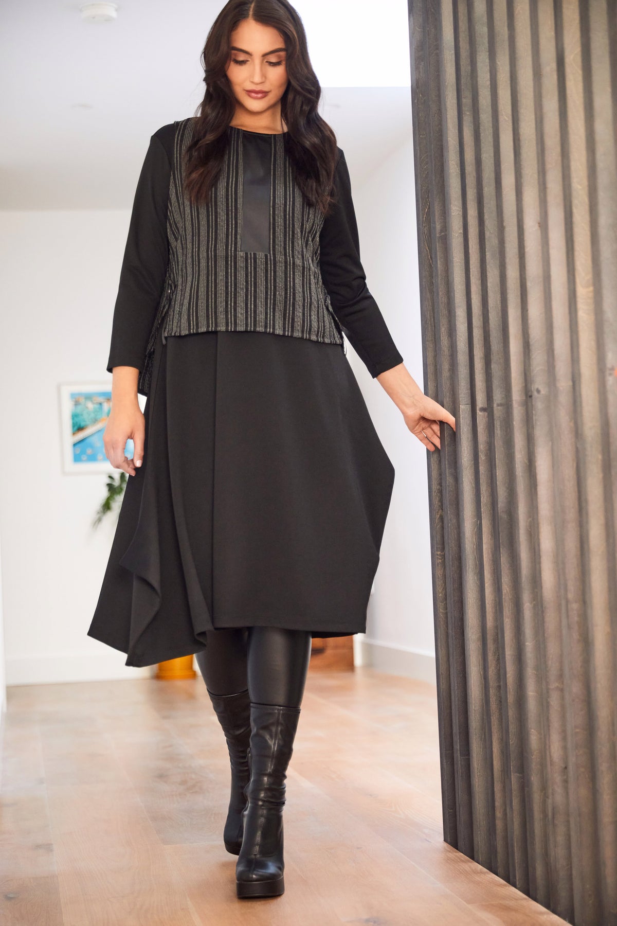 Ora Black Dress with Pinstripe Overlay