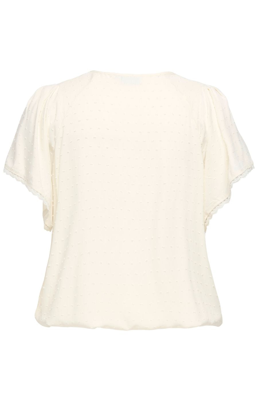 Only Carmakoma Tamra Blouse in Cream, back view, a round neck blouse with button closure, short flowy sleeves and an elasticated waistband