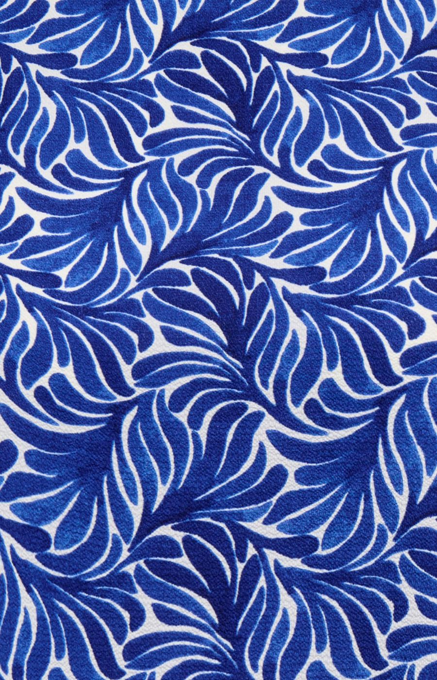 Blue and white leaf pattern fabric from Vica blouse in Blueprint
