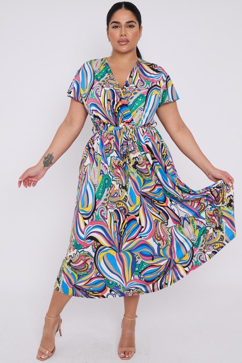 Dani Faux Wrap Dress in Blue Print