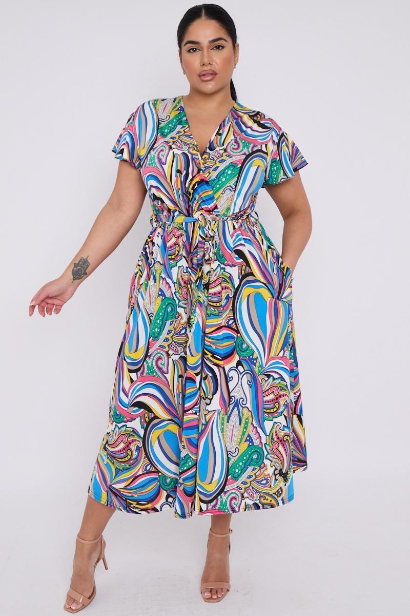 Dani Faux Wrap Dress in Blue Print