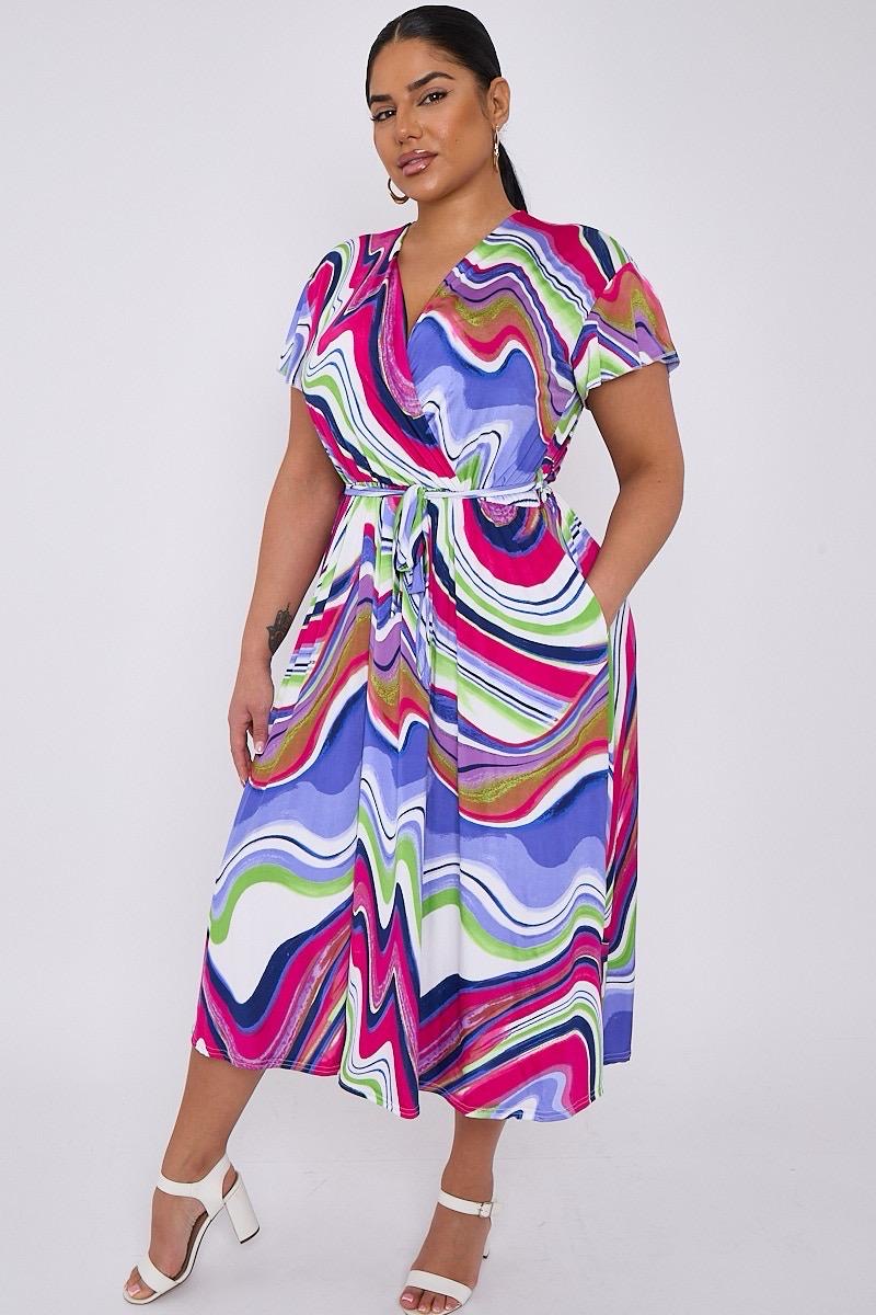 Dani Faux Wrap Dress in Wavy Print