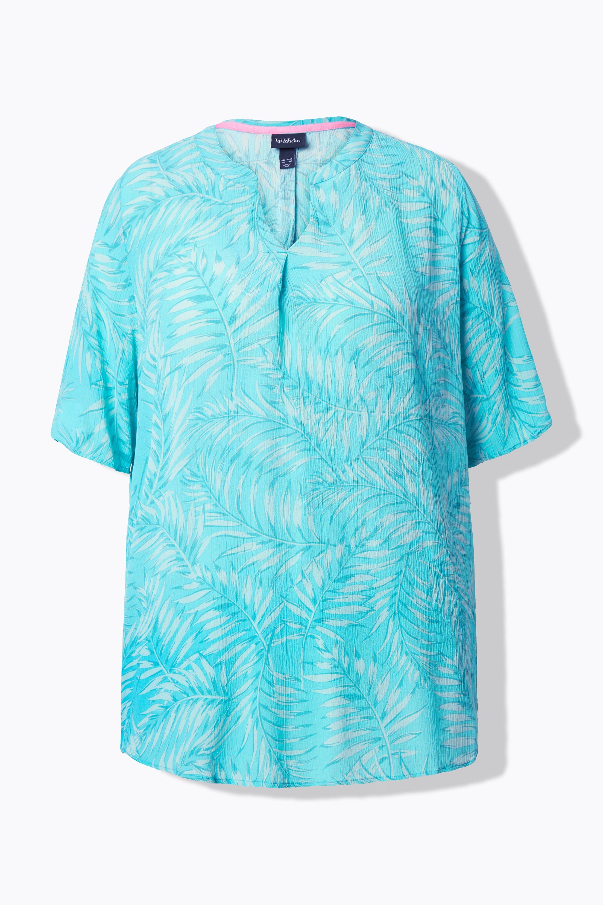 Ulla Popken Palm Leaf Blouse in Turquoise