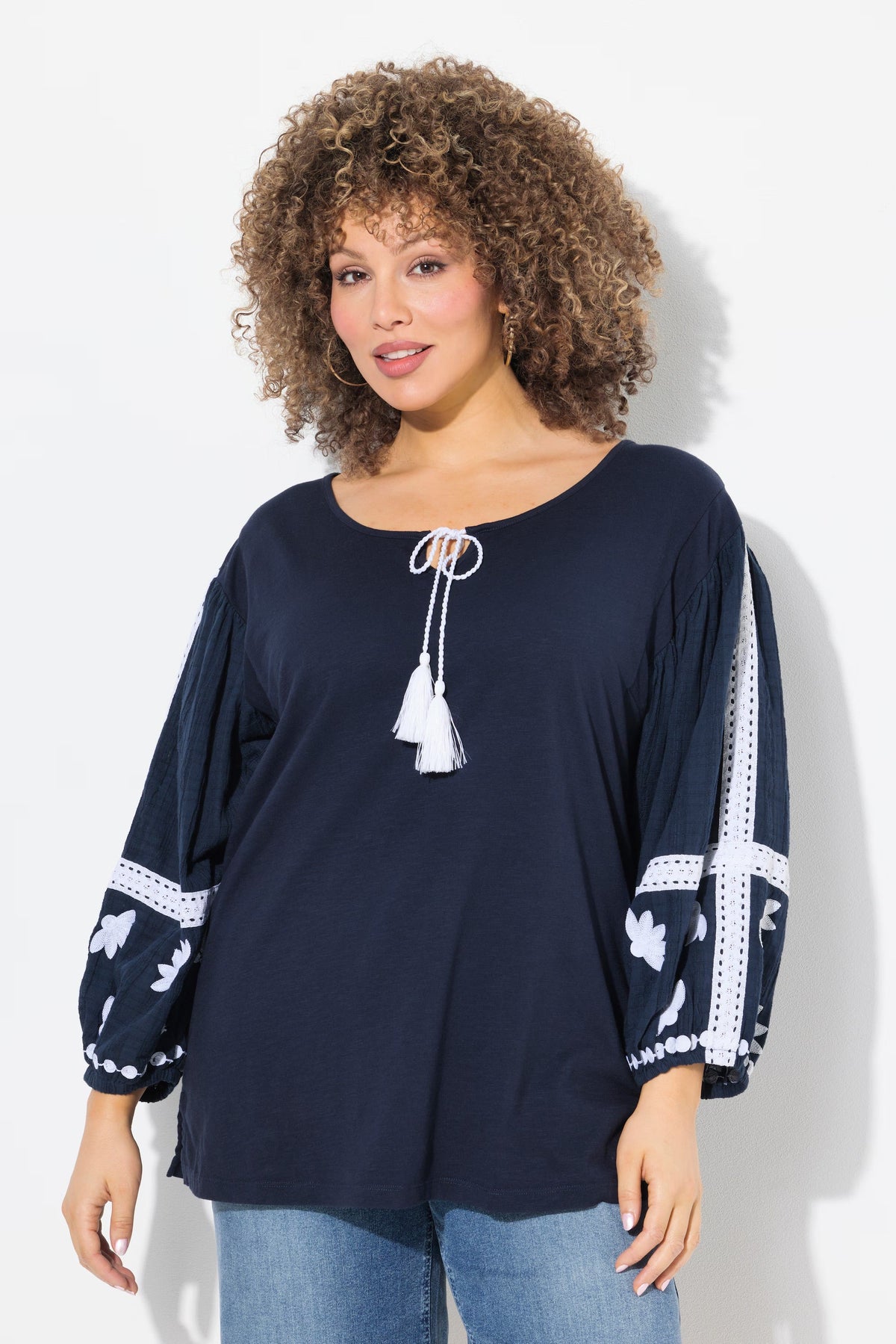 Ulla Popken Tie Neck Blouse in Navy