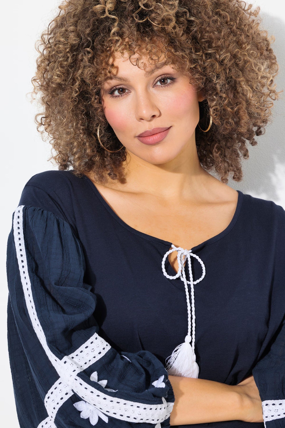 Ulla Popken Tie Neck Blouse in Navy