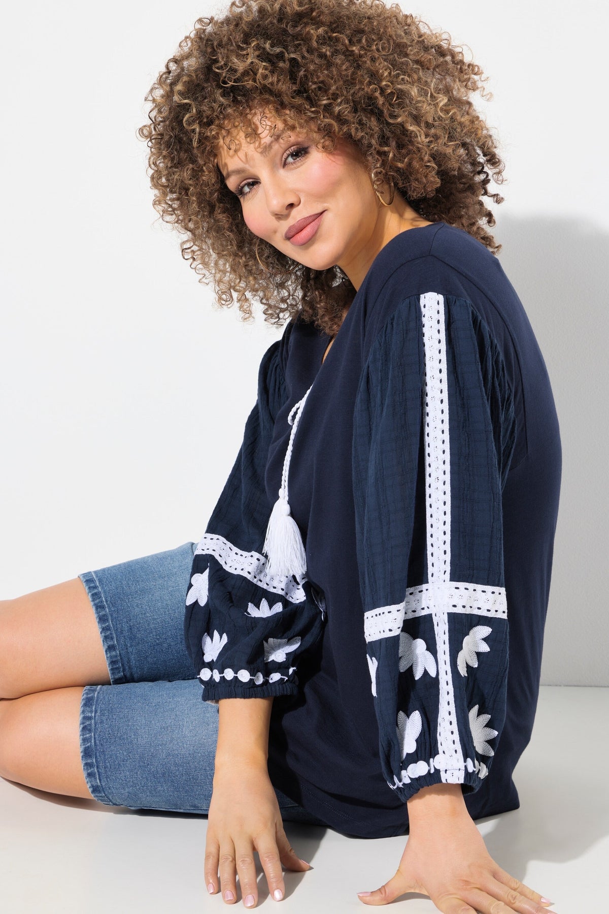 Ulla Popken Tie Neck Blouse in Navy
