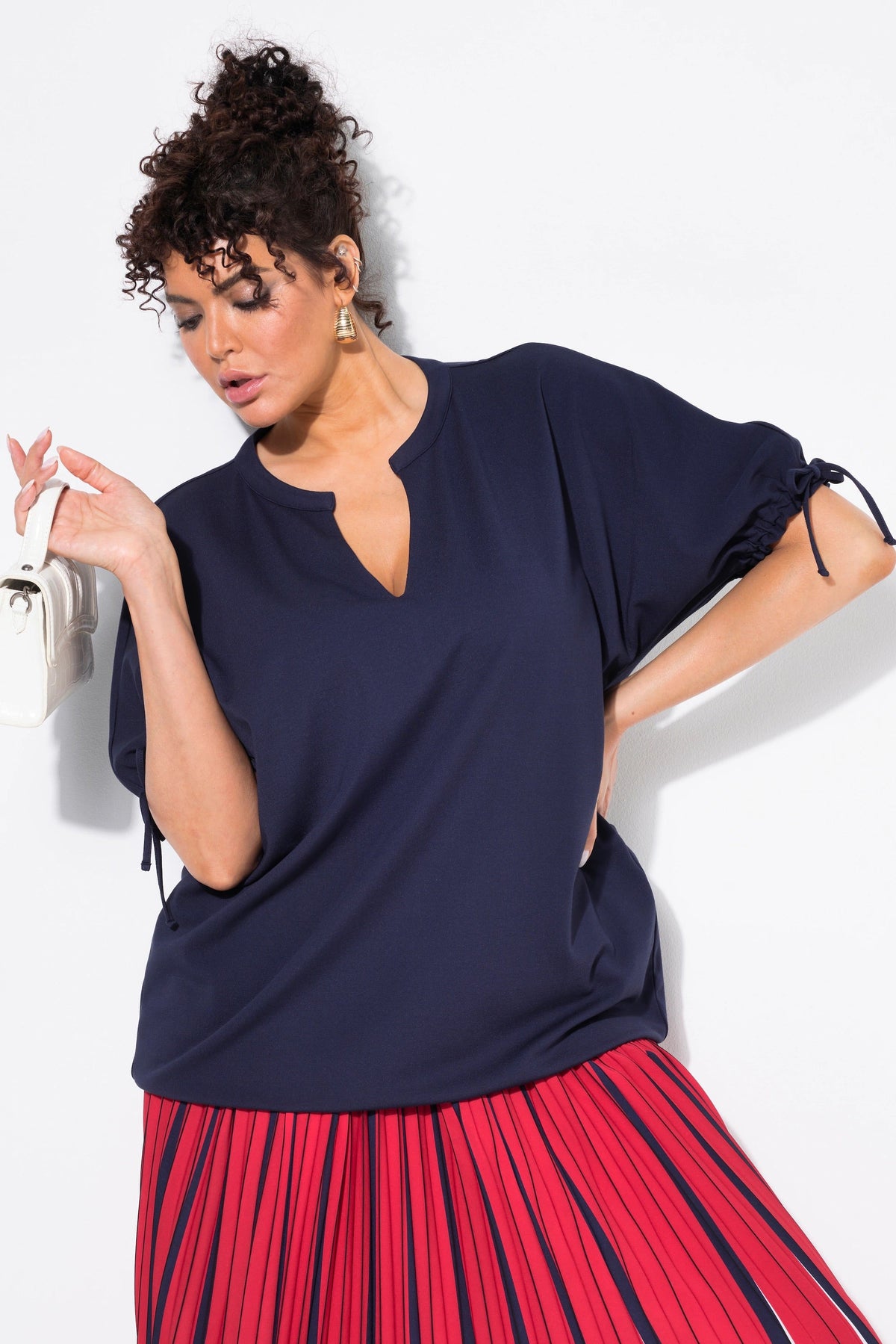 Ulla Popken Tie Sleeve Top in Navy